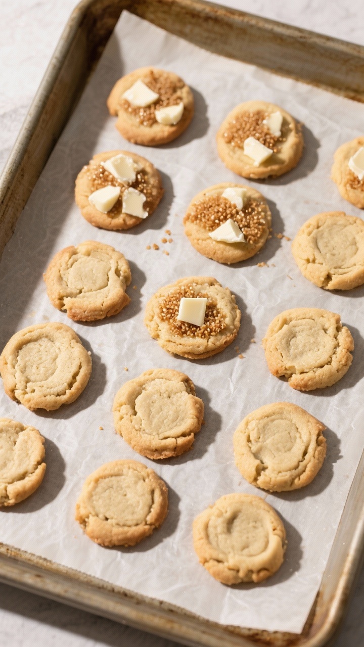 Tasty top view: Overhead shot of a baking tray lined with parchment showing evenly spaced, just-bake
