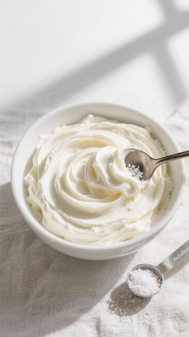 Tasty top view: Overhead shot of a bowl of finished keto cream cheese frosting just after “whip to