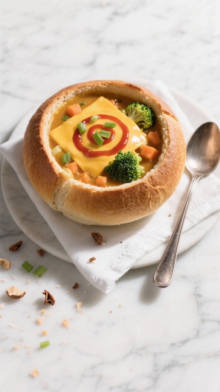 Tasty top view: Overhead shot of a bread bowl filled to the brim with the soup, cheddar melted smoot