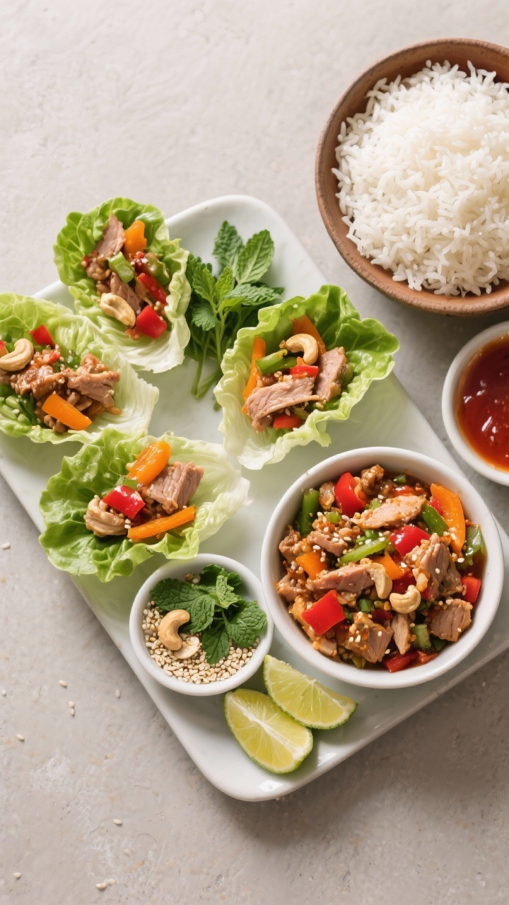 Tasty top view: Overhead shot of a build-your-own spread—platter of tidy lettuce cups, a bowl of g