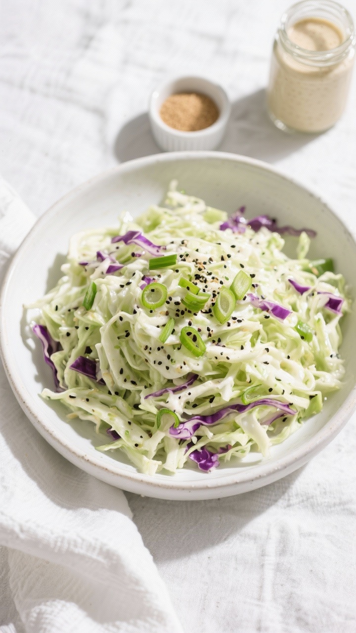 Tasty top view: Overhead shot of a chilled keto coleslaw resting stage in a wide, white ceramic serv