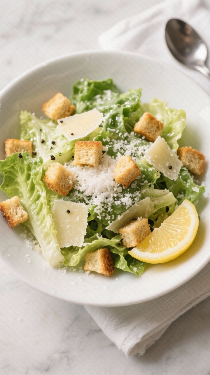 Tasty top view: Overhead shot of a classic Caesar salad—crisp romaine leaves lightly coated so the