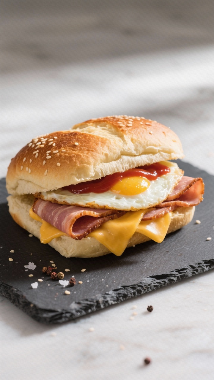 Tasty top view: Overhead shot of a classic New Jersey Taylor Ham, Egg, and Cheese sandwich just asse
