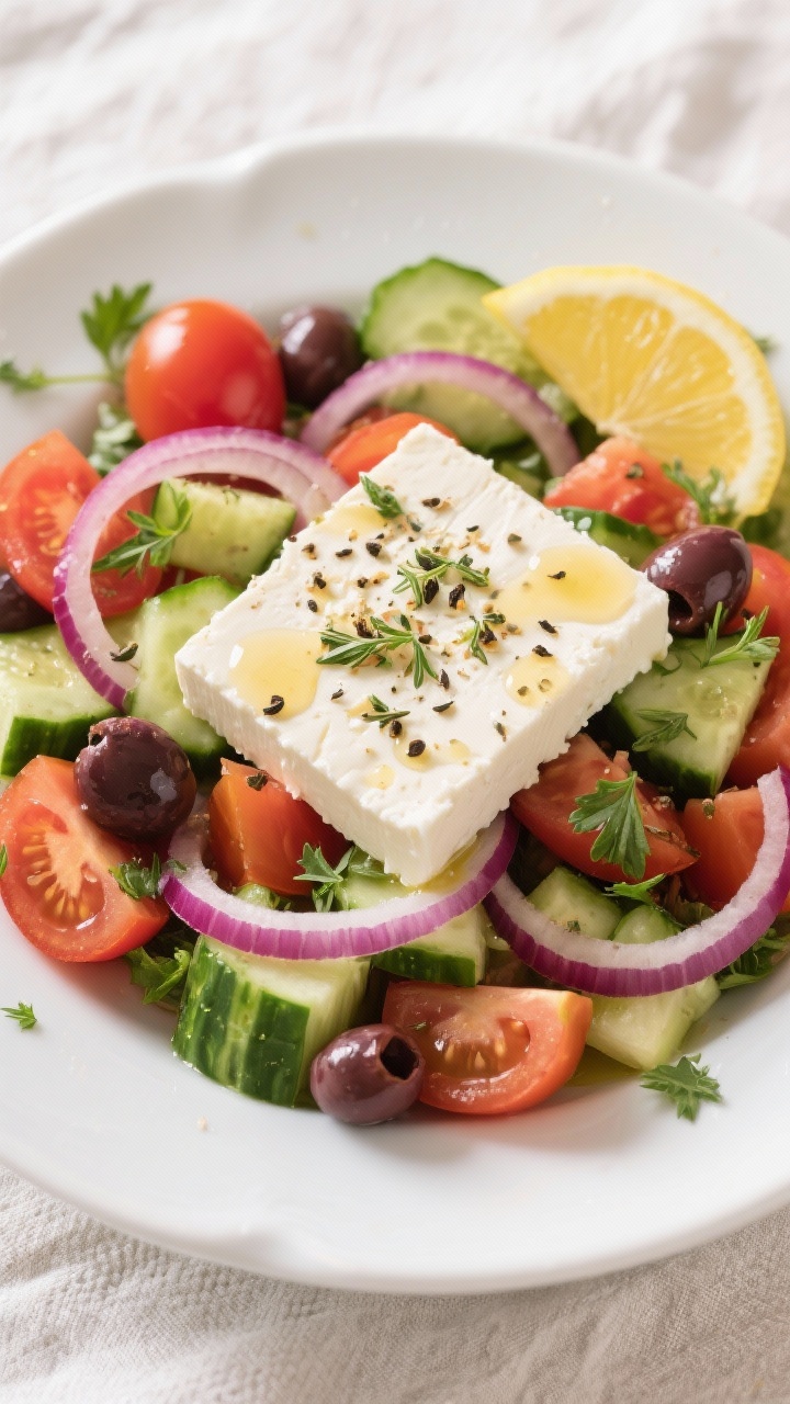 Tasty top view: Overhead shot of a classic-plated Greek salad with a thick slab of feta placed on to