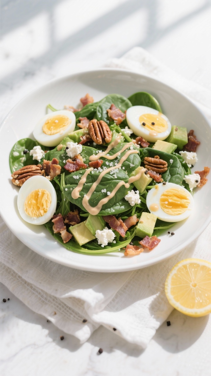 Tasty top view: Overhead shot of a composed Keto Spinach Salad in a wide, white shallow bowl—layer