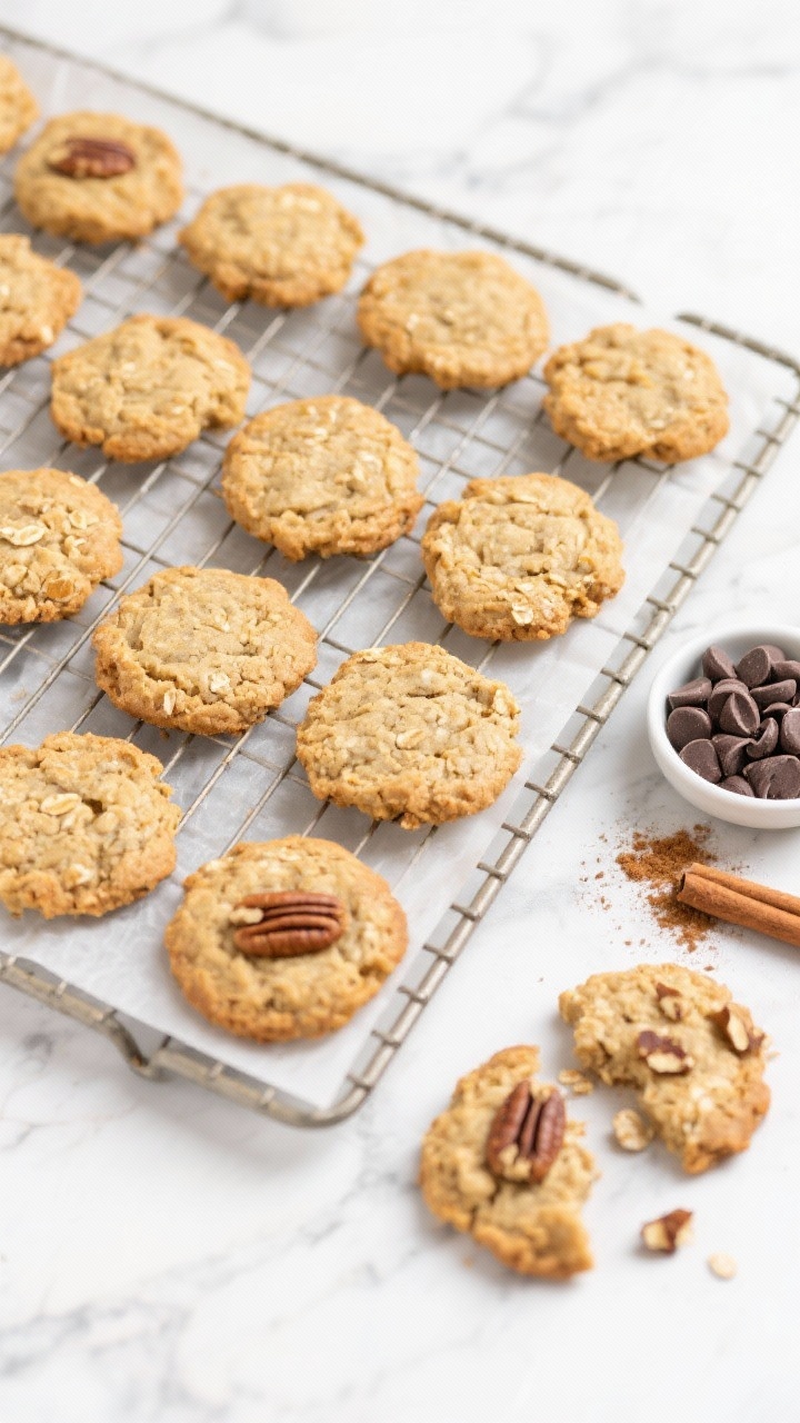 Tasty top view: Overhead shot of a cooling rack filled with golden low carb oatmeal cookies, edges l