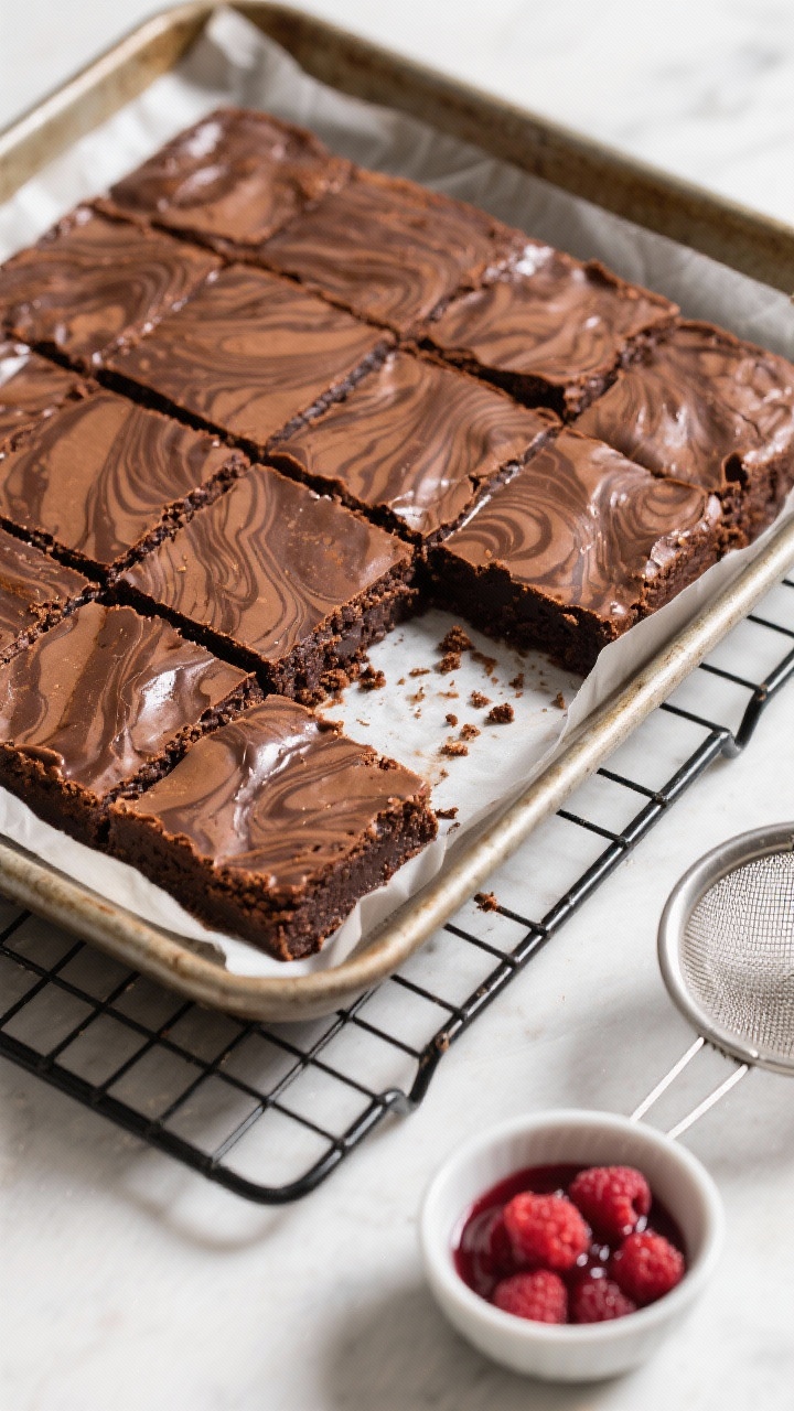 Tasty top view: Overhead shot of a cooling rack filled with fully baked brownies in parchment, pulle