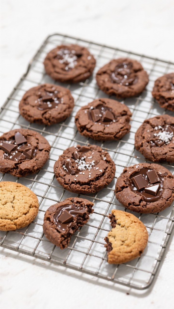 Tasty top view: Overhead shot of a cooling rack filled with brownie cookies in neat rows, a few cook