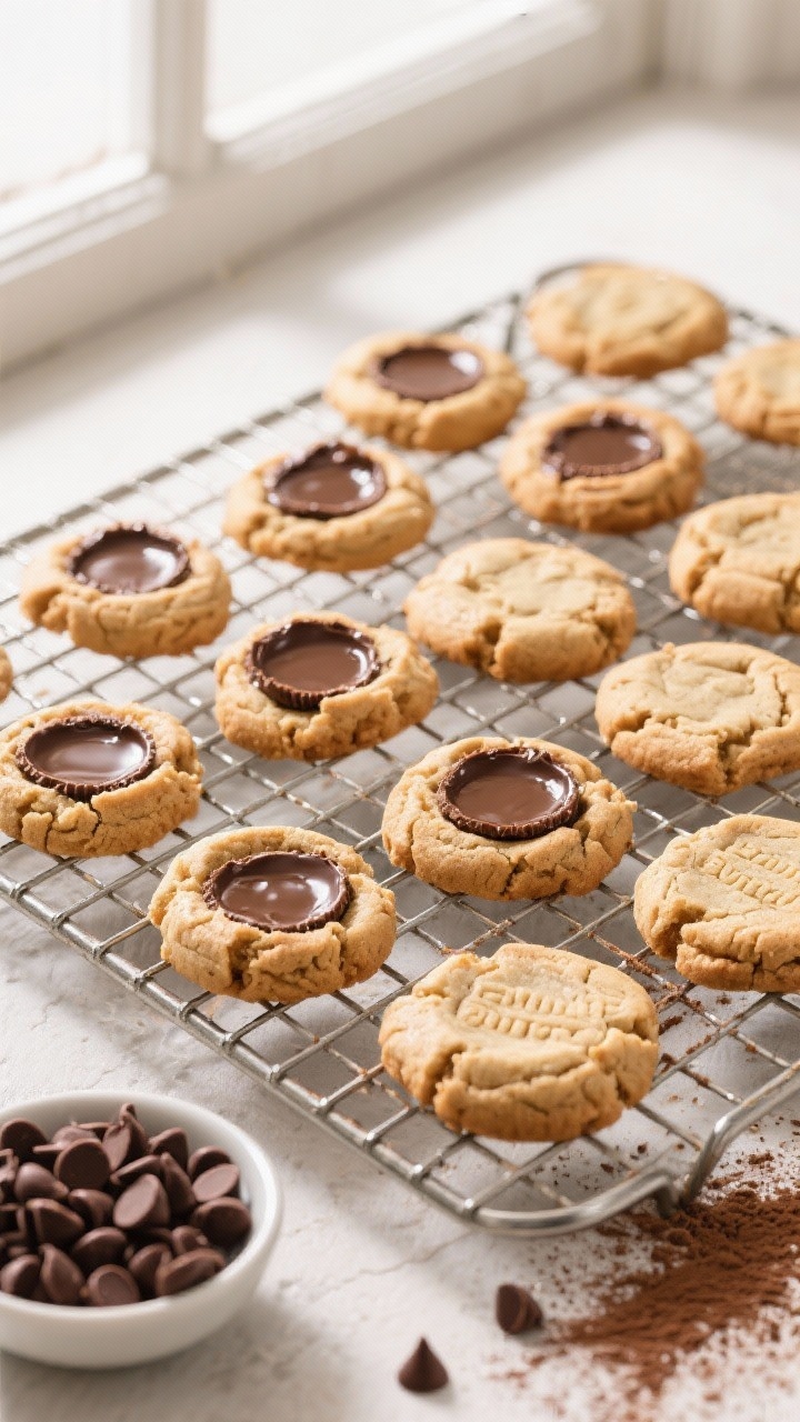 Tasty top view: Overhead shot of a cooling rack filled with Peanut Butter Cup Cookies at different s