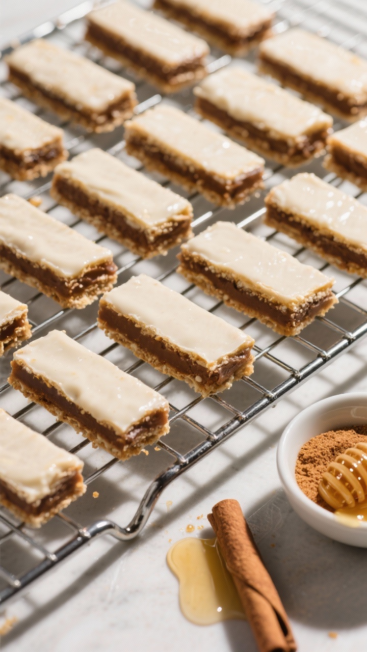 Tasty top view: Overhead shot of a cooling rack with multiple chilled bars arranged grid-style, one 