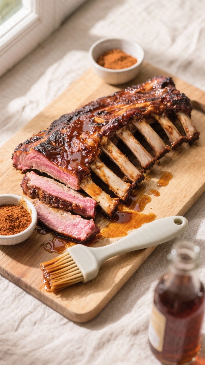 Tasty top view: Overhead shot of a cutting board scene post-rest, showing one rack partially sliced 