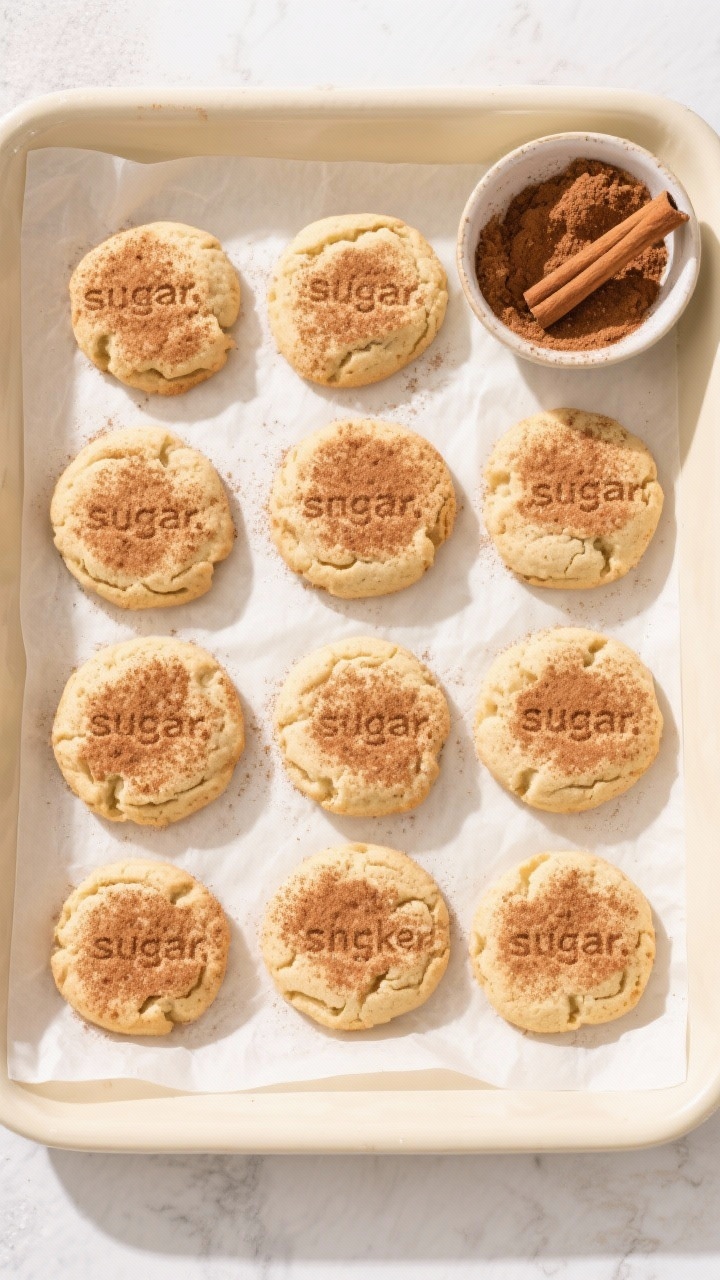 Tasty top view: Overhead shot of a dozen finished keto snickerdoodles arranged in a tidy grid on par