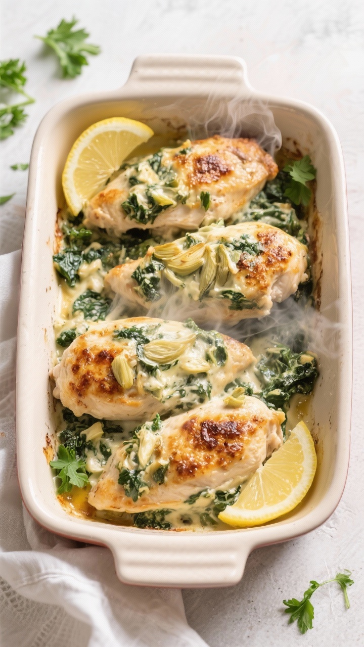 Tasty top view: Overhead shot of a family-style serving—four baked chicken breasts nestled in a ce