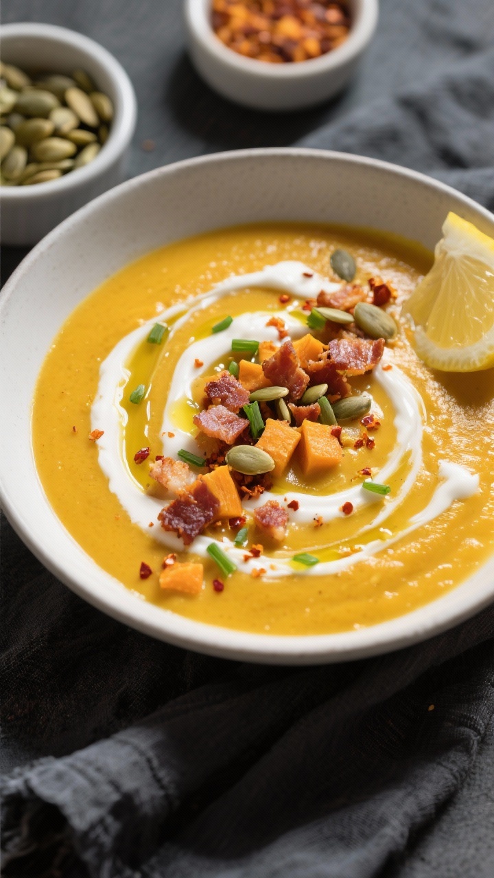 Tasty top view: Overhead shot of a finished bowl of keto butternut squash soup, richly golden with a