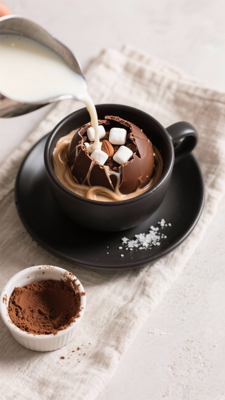 Tasty top view: Overhead shot of a finished keto hot chocolate bomb in a matte black mug as hot unsw