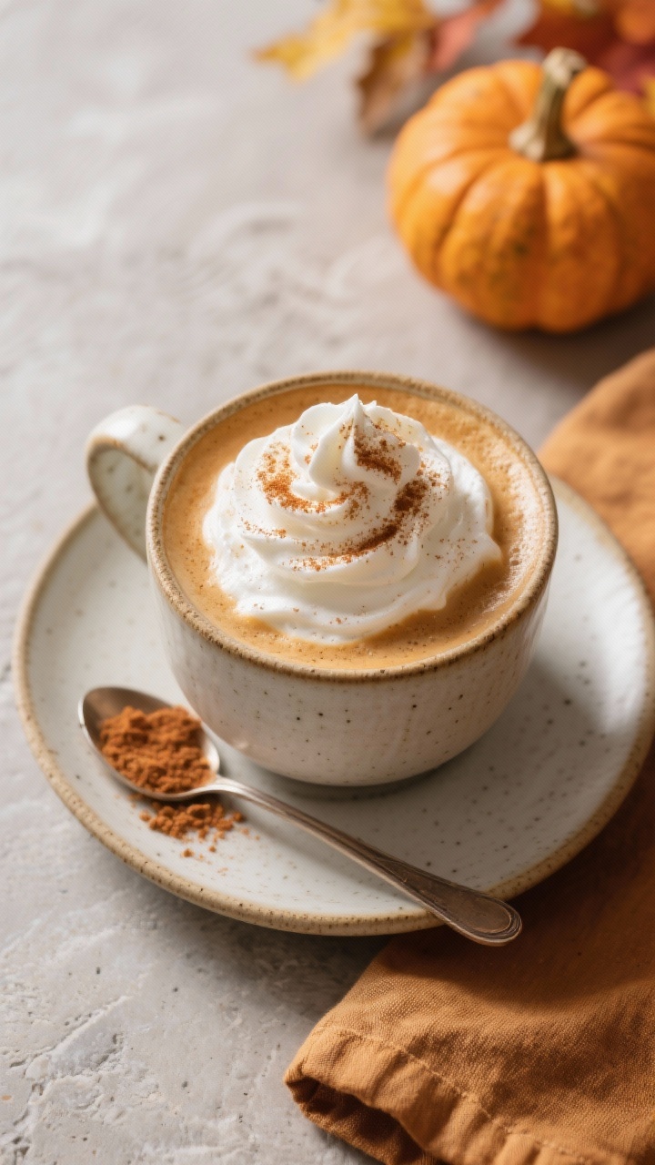 Tasty top view: Overhead shot of a finished Keto Pumpkin Spice Latte in a wide ceramic mug, topped w