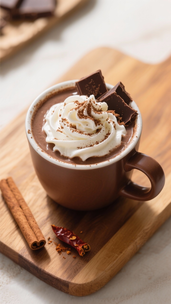 Tasty top view: overhead shot of a finished mug of sugar-free hot chocolate topped with a generous s