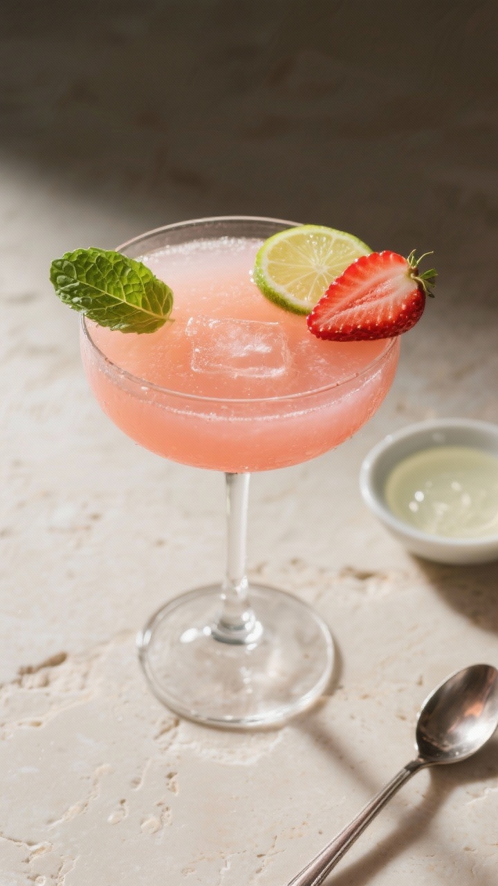 Tasty top view: Overhead shot of a finished Strawberry Gimlet in a coupe, luminous rosy hue, ultra-s
