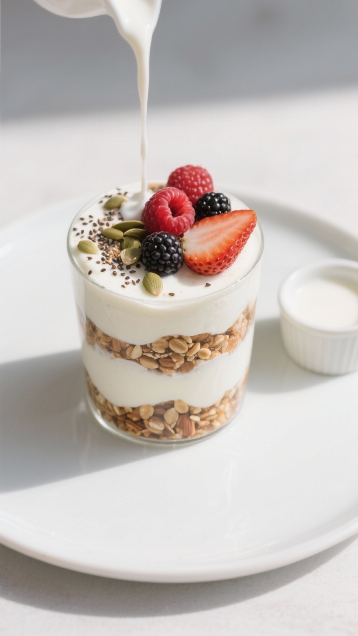 Tasty top view: Overhead shot of a fully assembled keto yogurt parfait in a low tumbler, clean conce