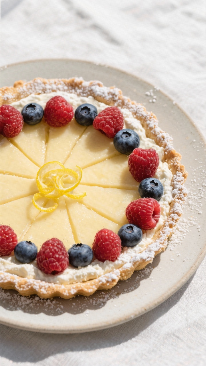 Tasty top view: Overhead shot of a fully chilled Lemon Ricotta Pie dusted lightly with powdered suga