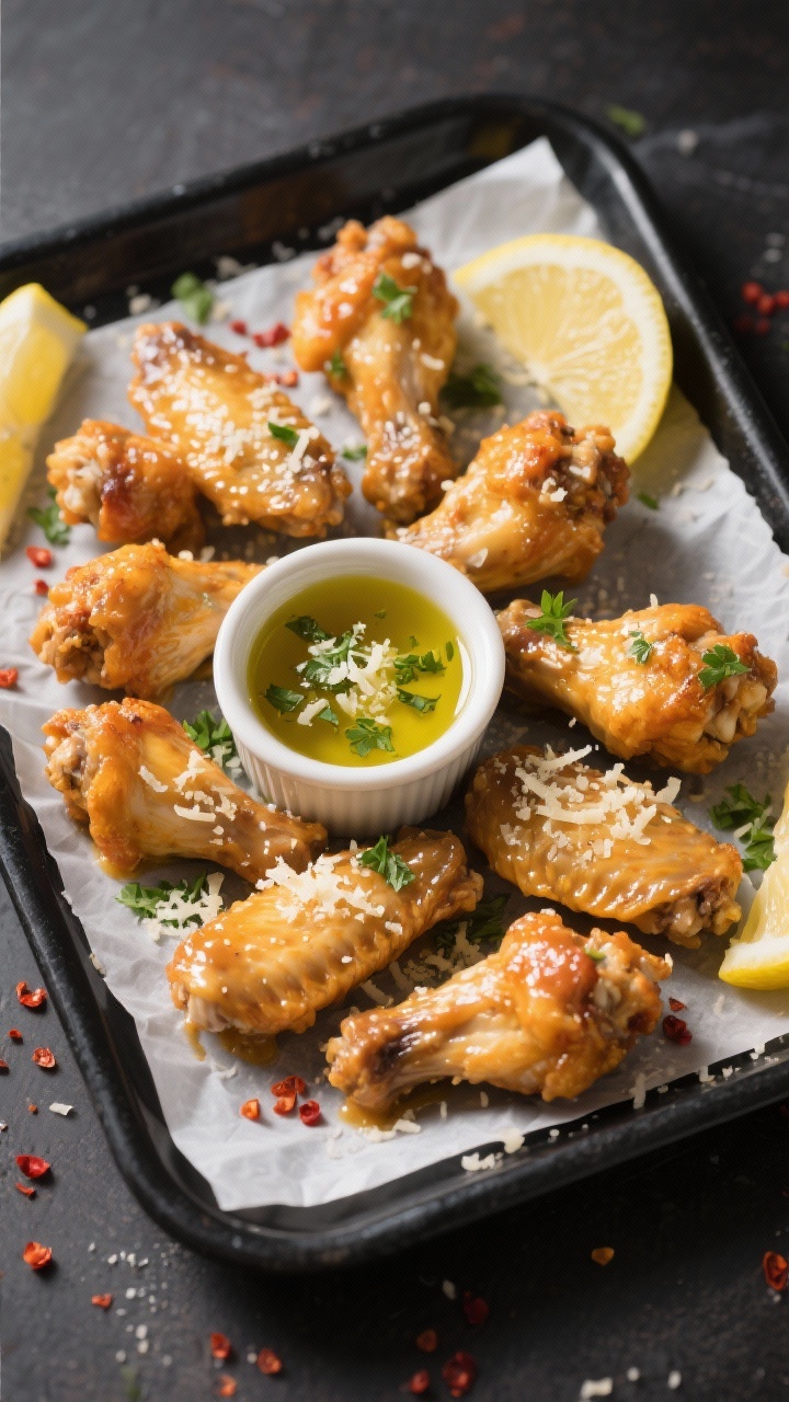 Tasty top view: Overhead shot of a game-day platter—saucy Parmesan garlic wings arranged on a matt