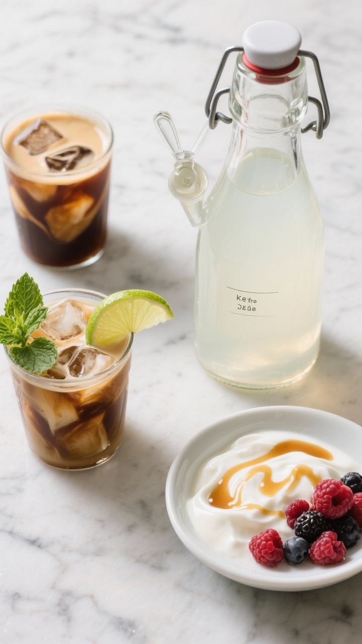 Tasty top view — Overhead shot of a glass swing-top bottle and a small pourer filled with crystal-