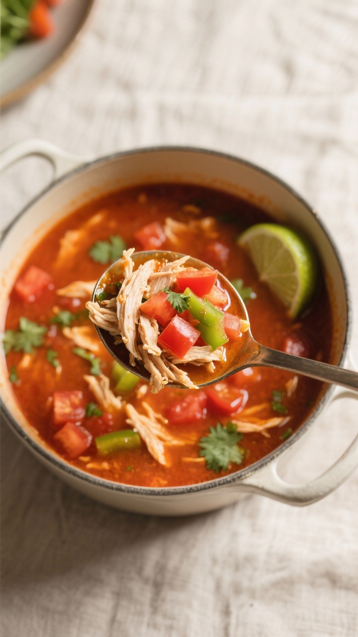 Tasty top view: Overhead shot of a ladleful of simmering keto chicken tortilla soup—shredded chick