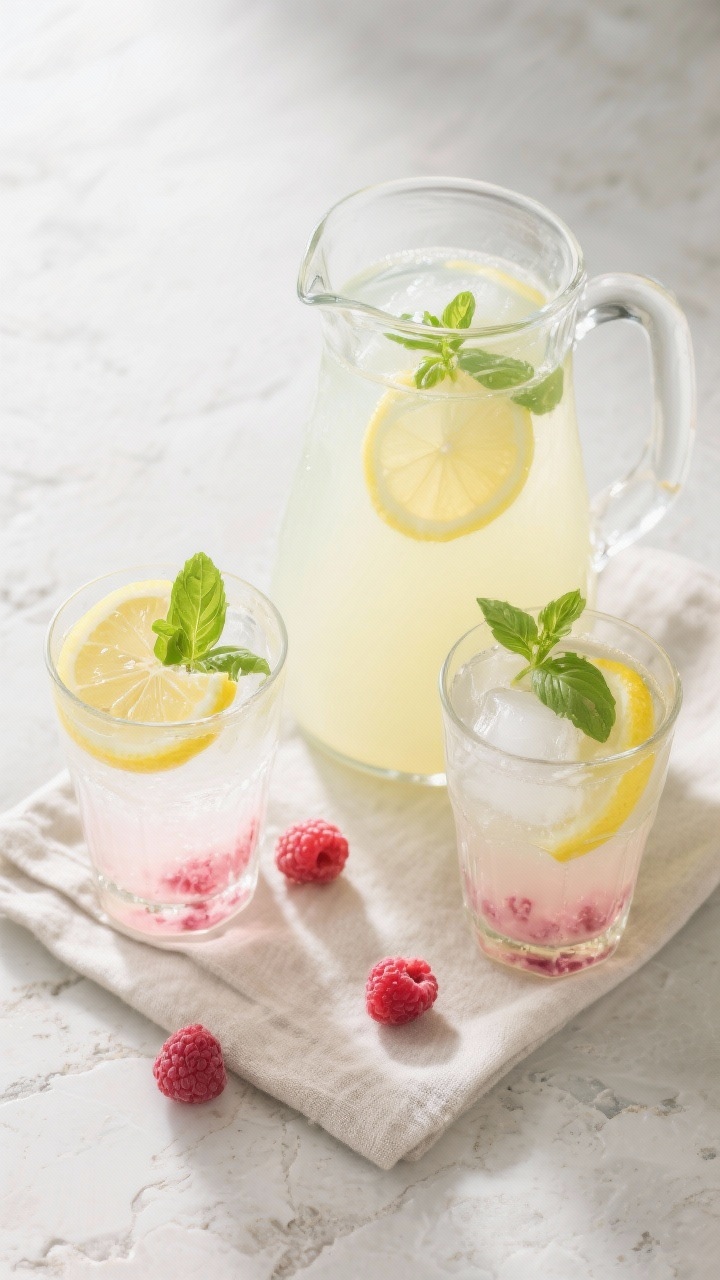 Tasty top view: Overhead shot of a large pitcher of prepared sugar-free lemonade next to tumblers fi