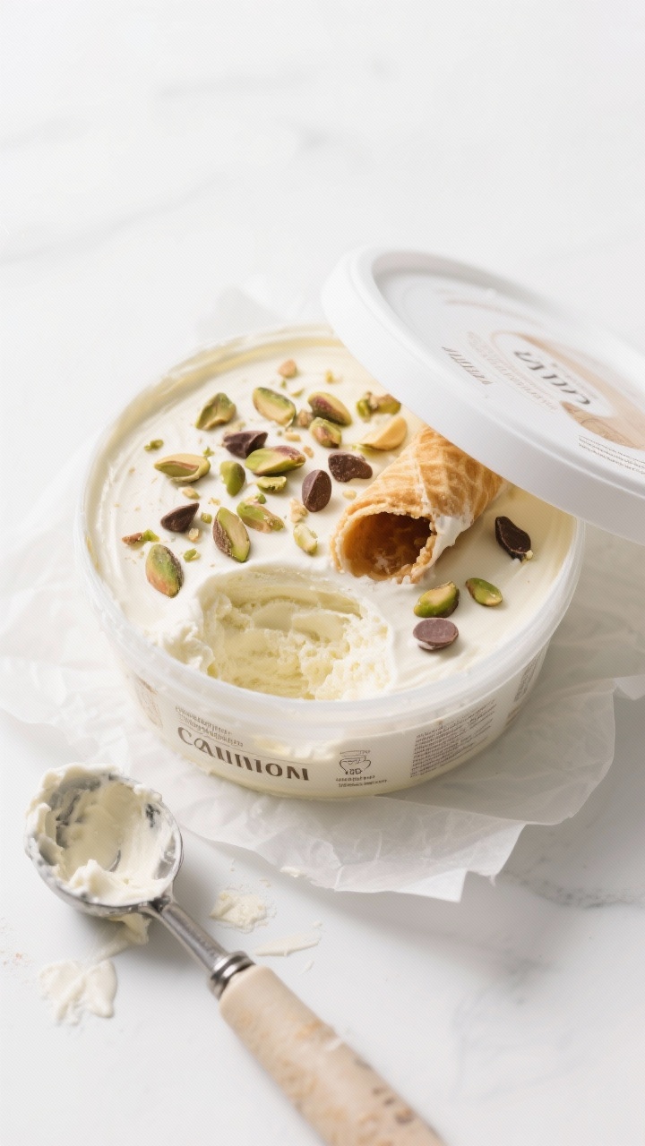 Tasty top view: Overhead shot of a lidded freezer container of finished cannoli ice cream with the s