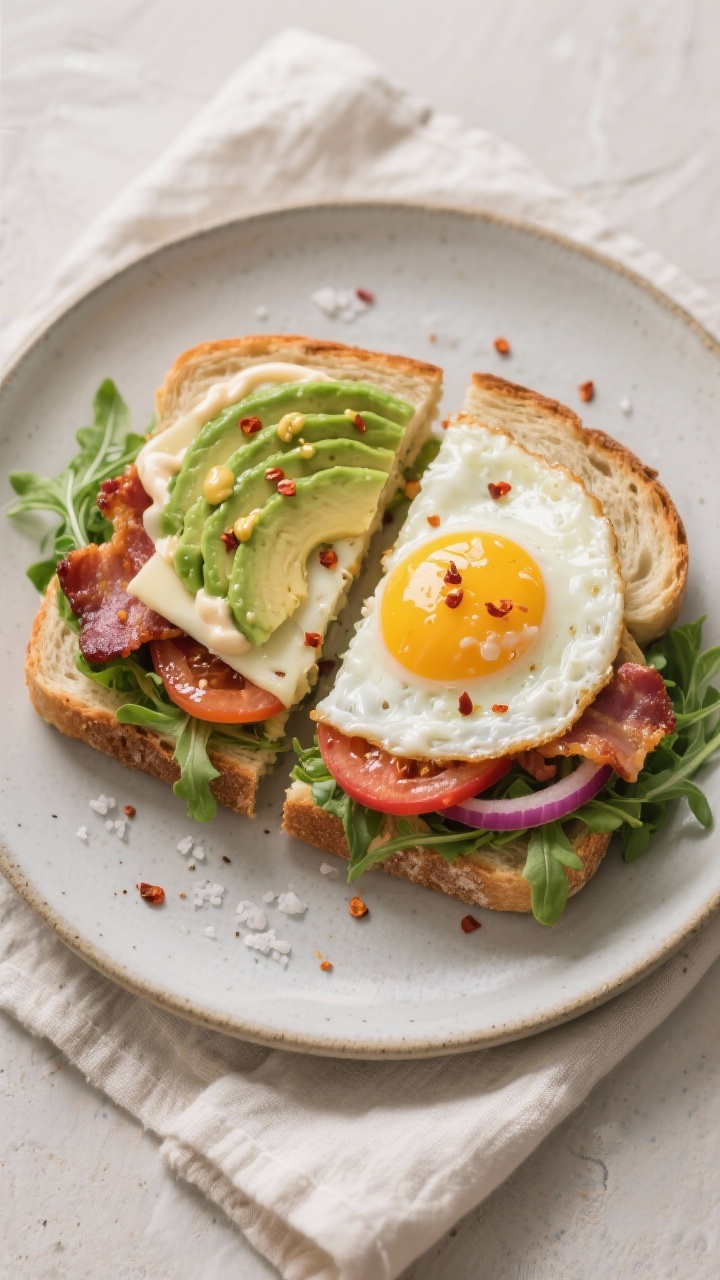 Tasty top view: Overhead shot of a loaded egg sandwich sliced in half on a matte ceramic plate—lay