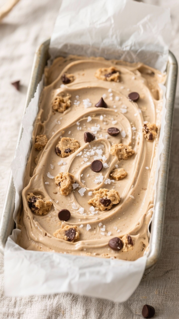 Tasty top view: Overhead shot of a loaf pan filled with the finished keto cookie dough ice cream, sm