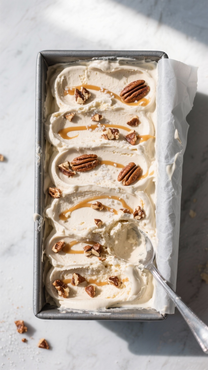 Tasty top view: Overhead shot of a loaf pan filled with freshly churned pecan praline ice cream at s