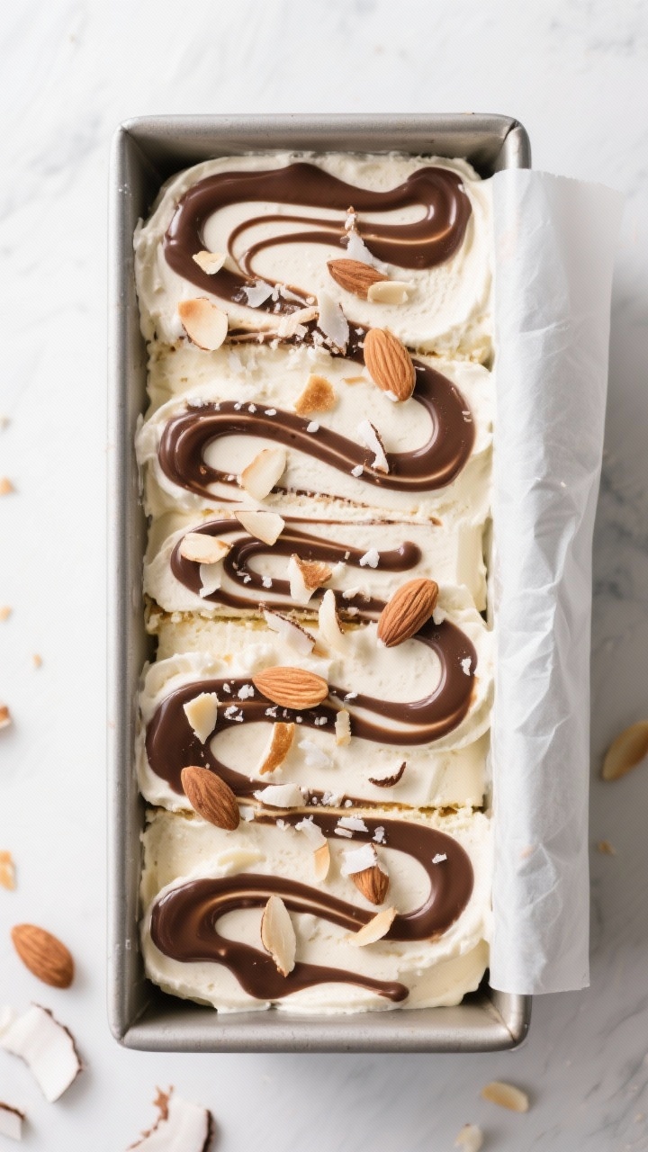 Tasty top view: Overhead shot of a loaf pan layered with freshly churned ice cream, neat layers show