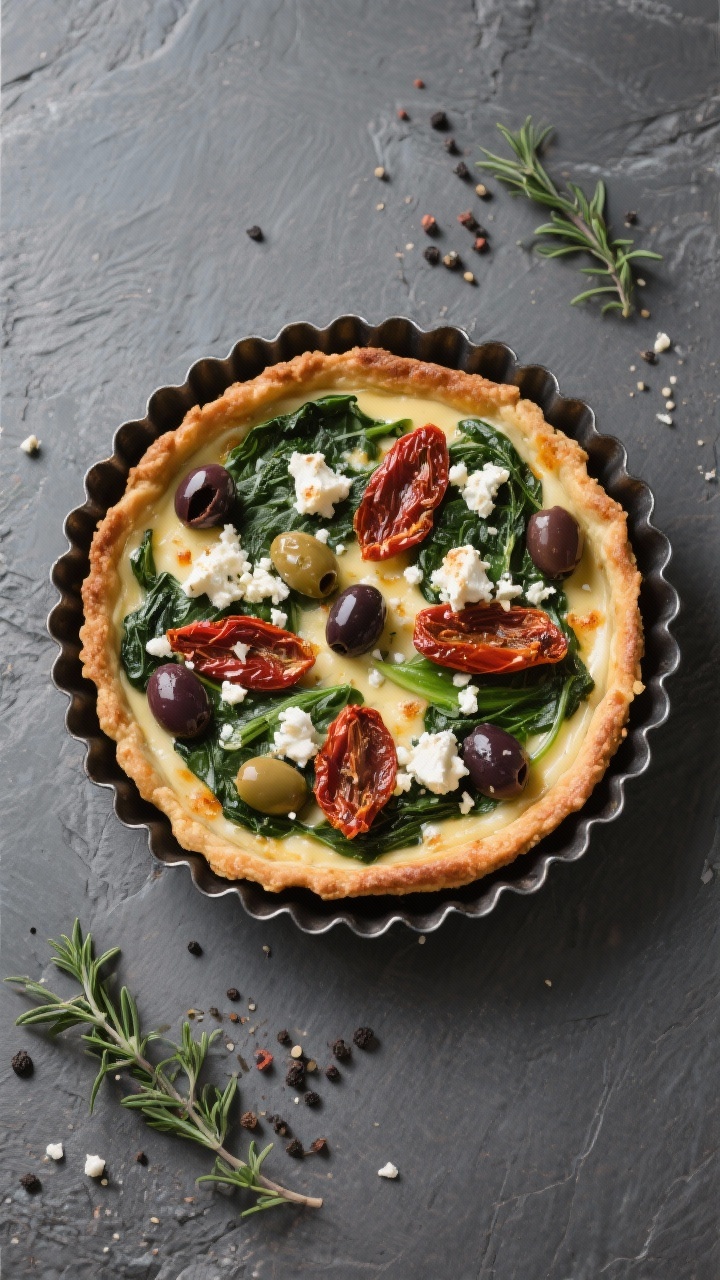 Tasty top view: Overhead shot of a Mediterranean variation quiche—spinach, sun-dried tomatoes, oli