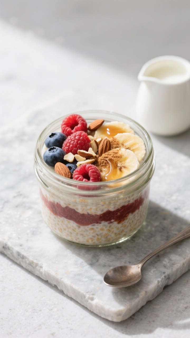 Tasty top view: Overhead shot of a neatly layered jar of protein overnight oats, topped with fresh m