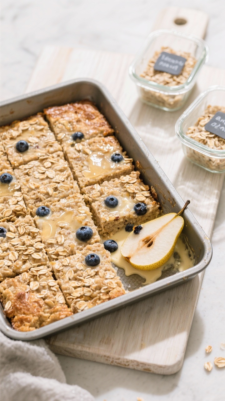 Tasty top view: Overhead shot of a pan of baked oatmeal cut into neat squares for meal prep, some pi