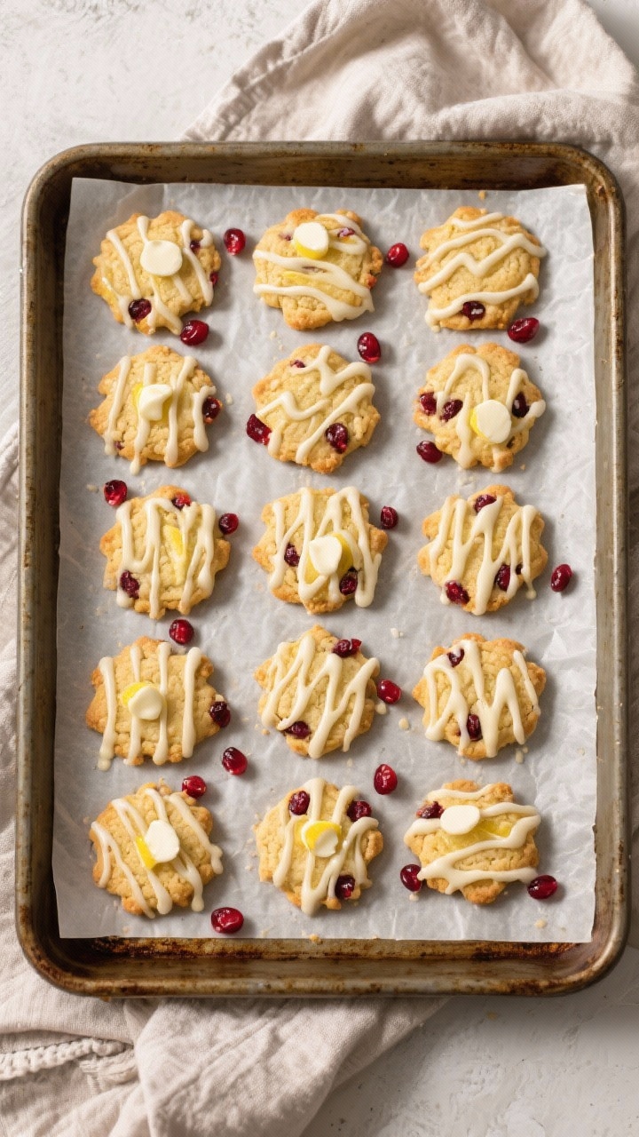 Tasty top view: Overhead shot of a parchment-lined baking sheet filled with spaced Lemon Drizzle Cra