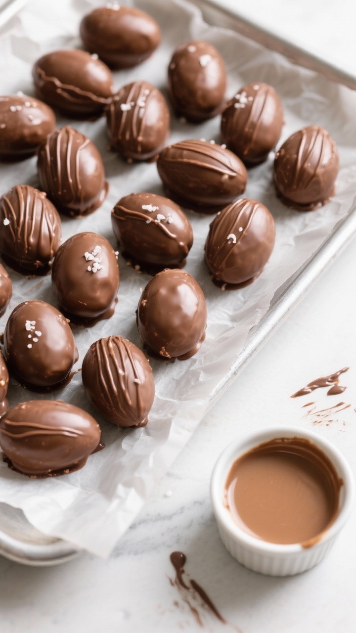 Tasty top view: Overhead shot of a parchment-lined tray filled with uniformly coated peanut butter e