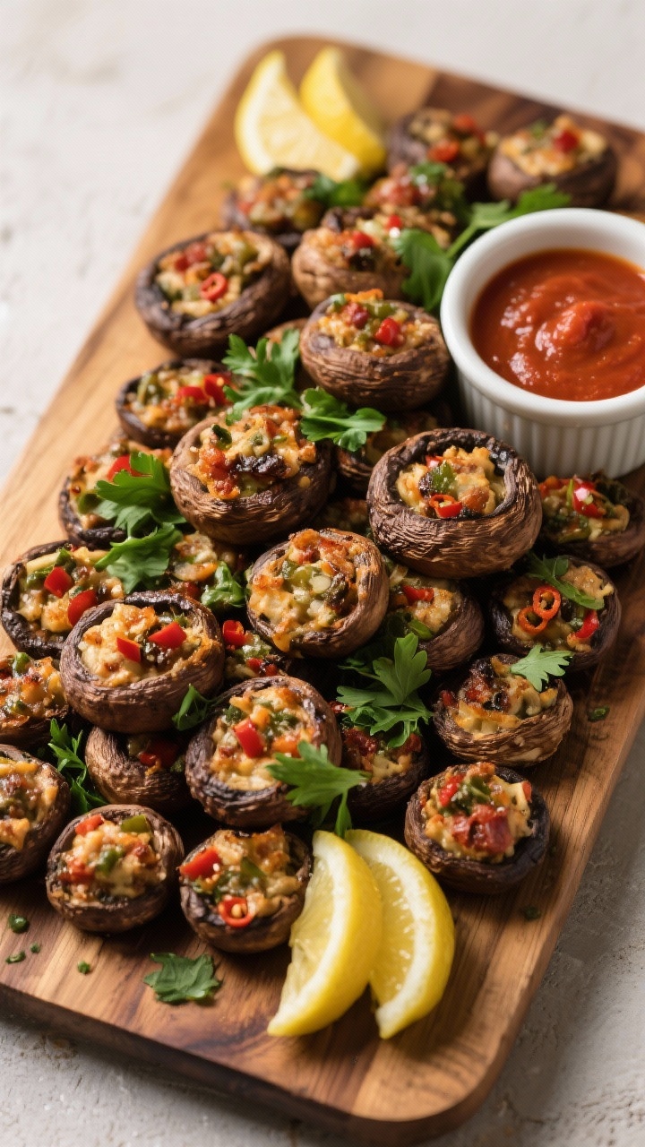Tasty top view: Overhead shot of a party platter piled with stuffed mushrooms, evenly browned tops,