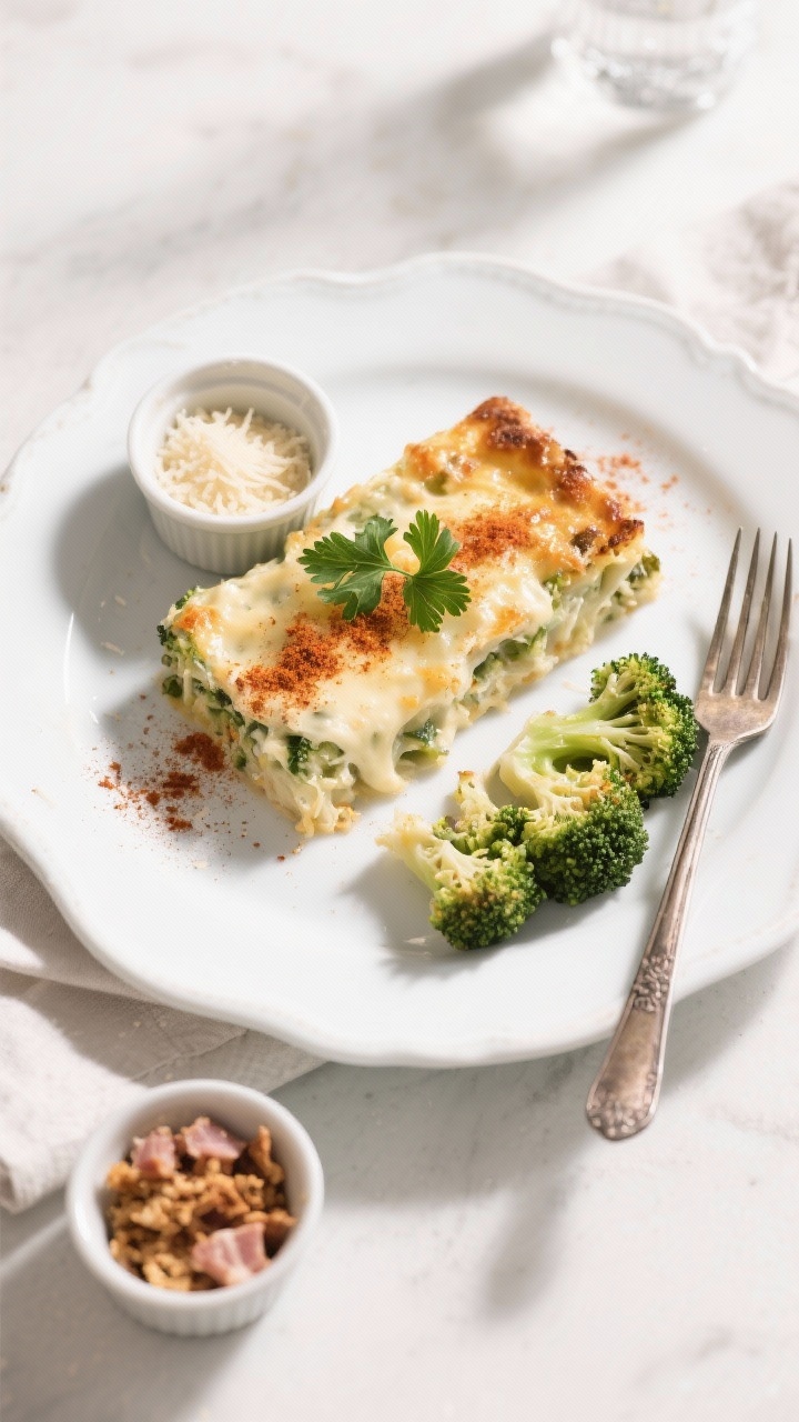 Tasty top view: Overhead shot of a plated serving of keto broccoli casserole on a white ceramic plat