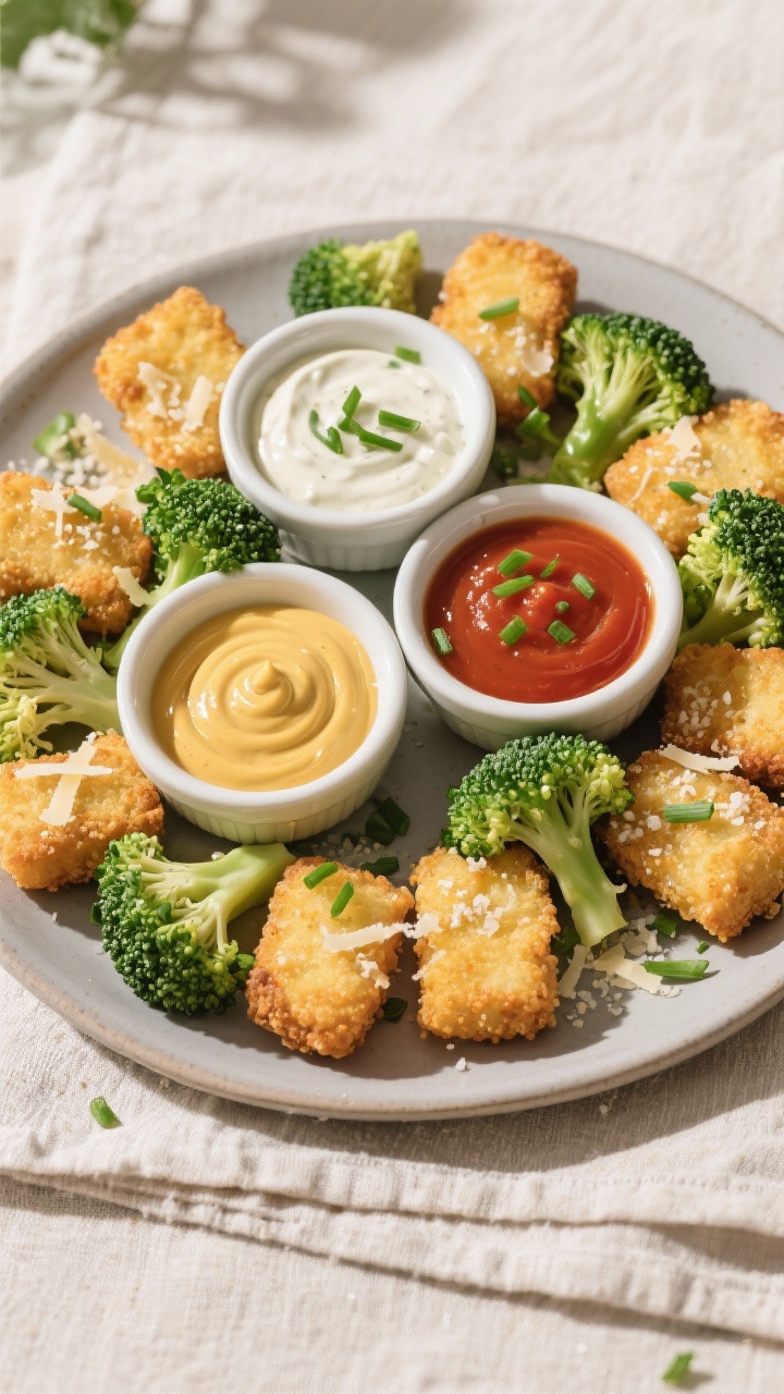 Tasty top view: Overhead shot of a platter of Broccoli Cheese Nuggets arranged in a circular pattern
