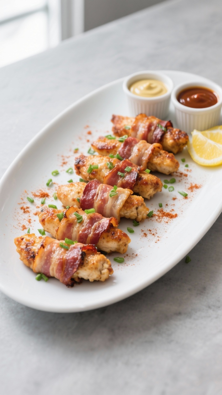 Tasty top view: Overhead shot of a platter of finished bacon wrapped chicken tenders arranged in a n