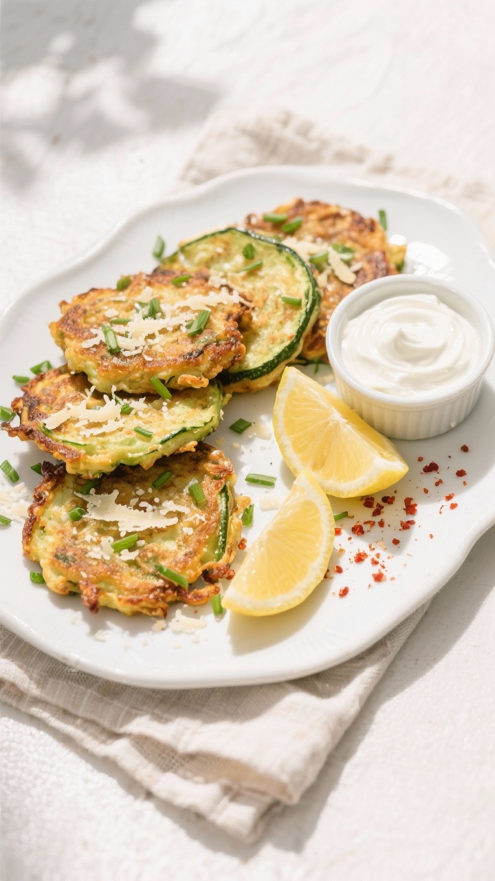 Tasty top view: Overhead shot of a platter of keto zucchini fritters arranged slightly overlapping, 