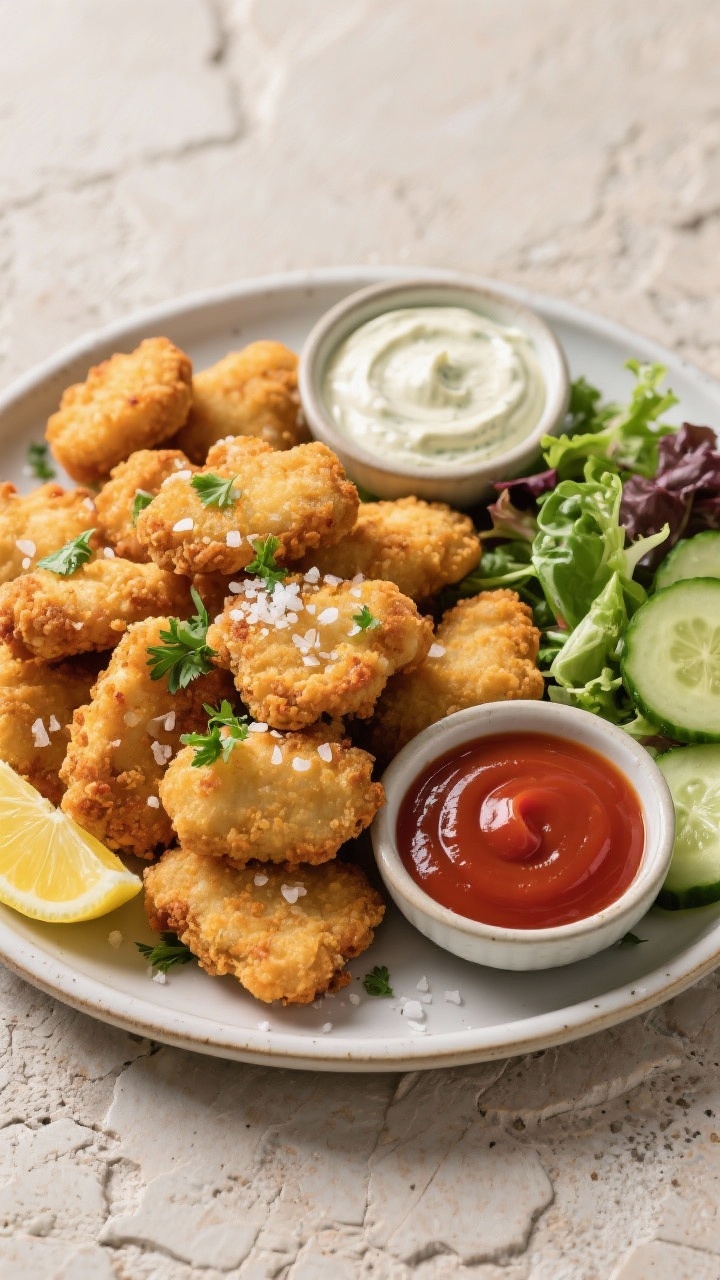 Tasty top view: Overhead shot of a platter piled with Chicken Nuggets THM S, sprinkled with a pinch