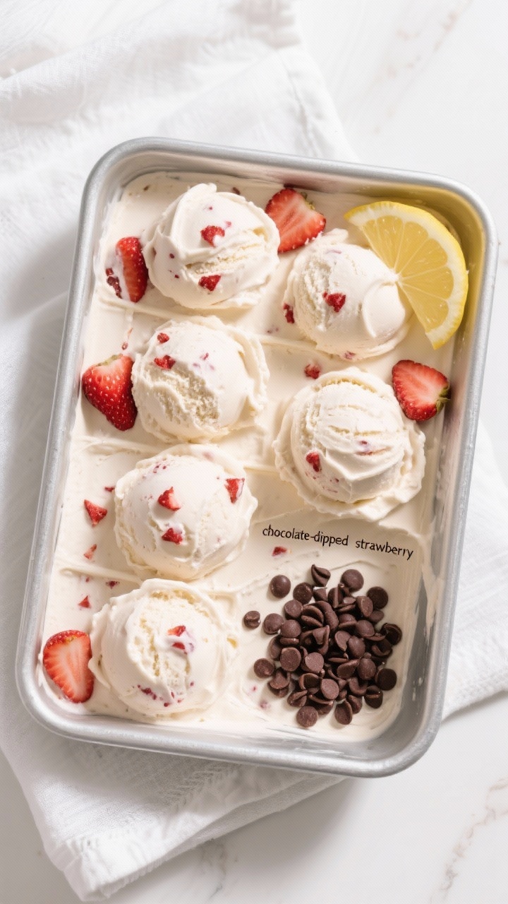 Tasty top view: overhead shot of a rectangular pan of fully set ice cream with neat crosswise scoops