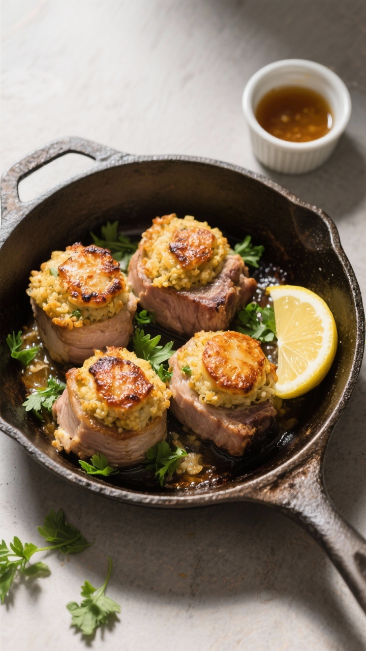 Tasty top view: Overhead shot of a rustic serving skillet straight from the oven with four stuffed p