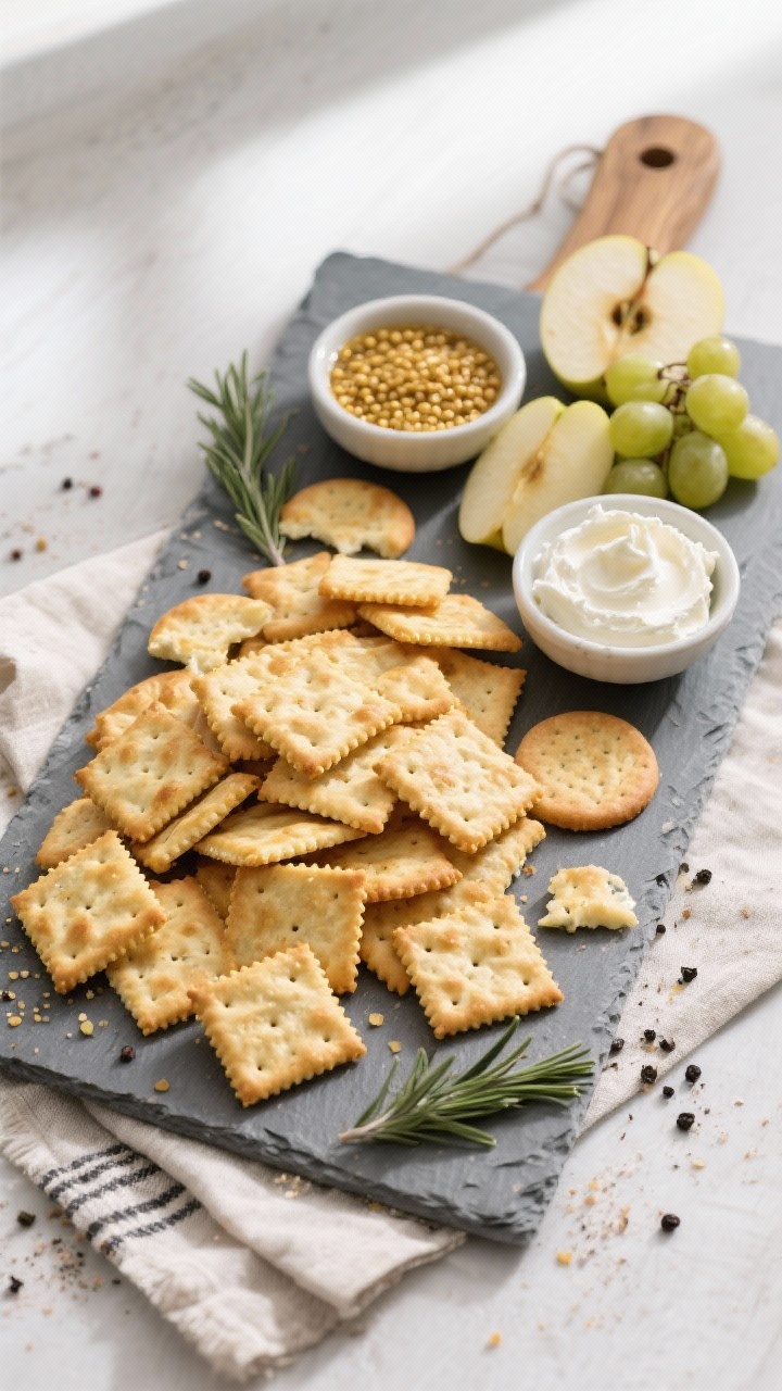 Tasty top view: Overhead shot of a rustic snack board featuring a generous pile of baked cheese crac