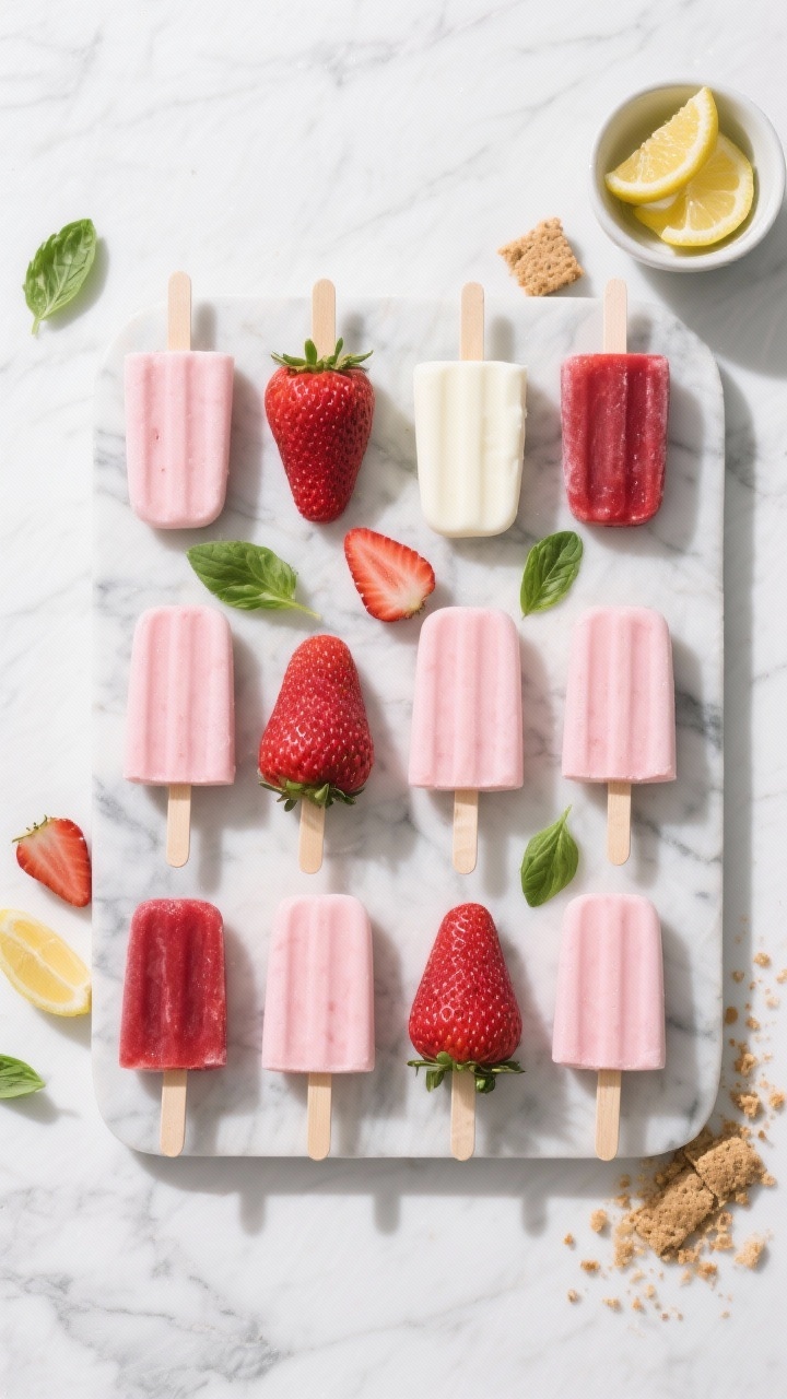 Tasty top view: Overhead shot of a set of strawberry popsicles arranged in a neat grid on a chilled