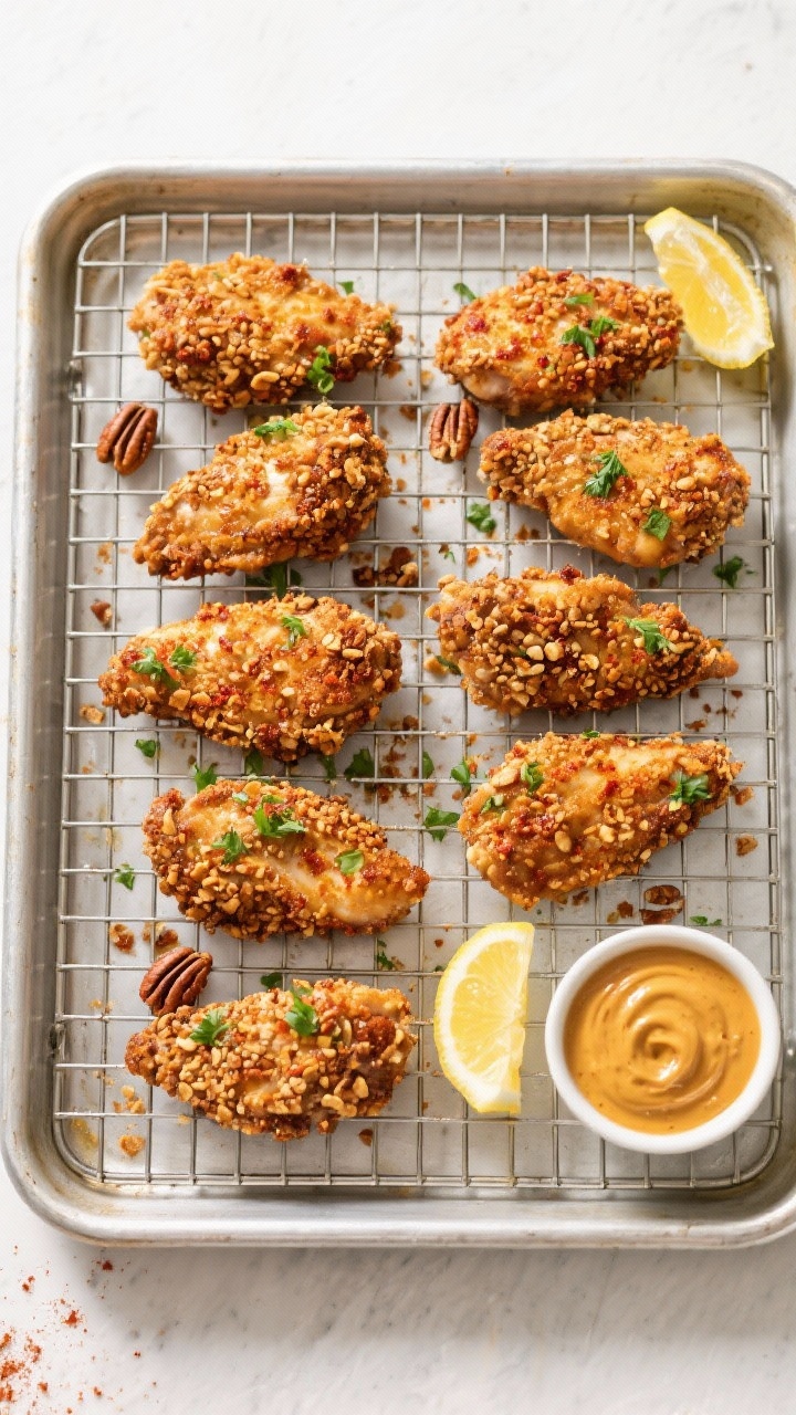 Tasty top view: Overhead shot of a sheet pan with finished pecan-crusted chicken tenders on a wire r