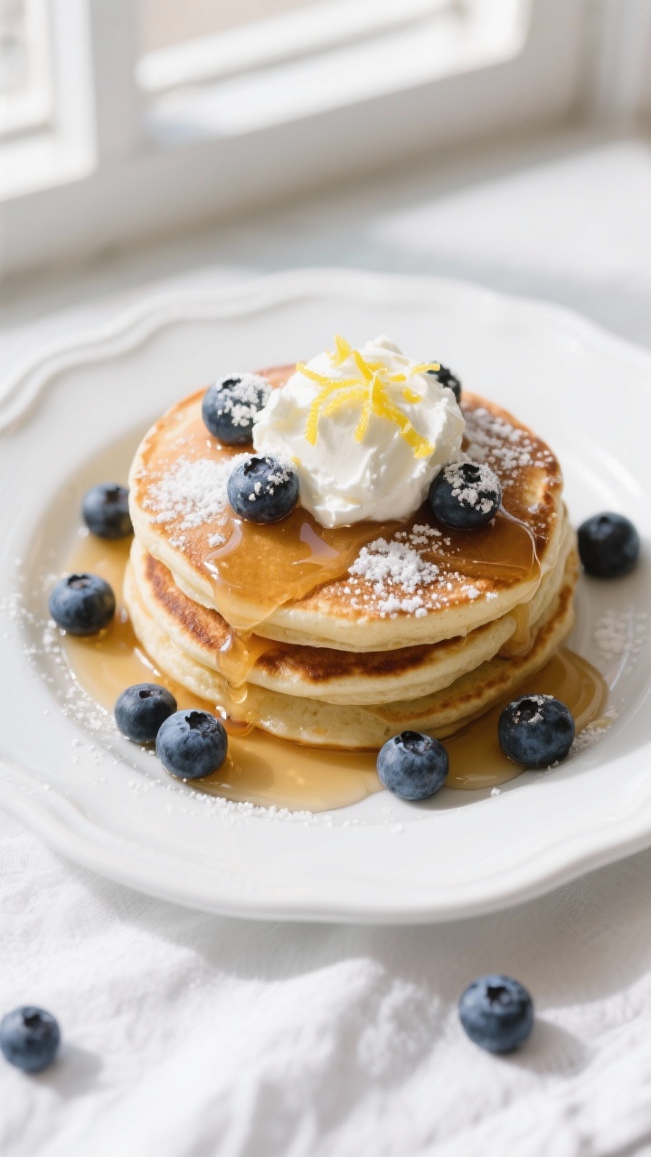 Tasty top view: Overhead shot of a short stack of blueberry lemon ricotta pancakes on a white cerami